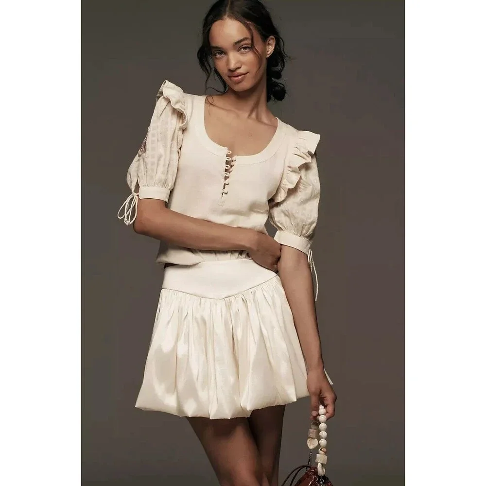 By Anthropologie Floral Embroidered Puff-Sleeve Blouse Top Ruffle XSP NWT 274108